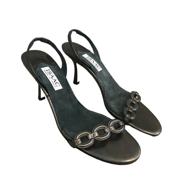Isaac Mizrahi Size 9.5 Slingback Metallic Gray Leather Heel Sandals Italy - Picture 7 of 8